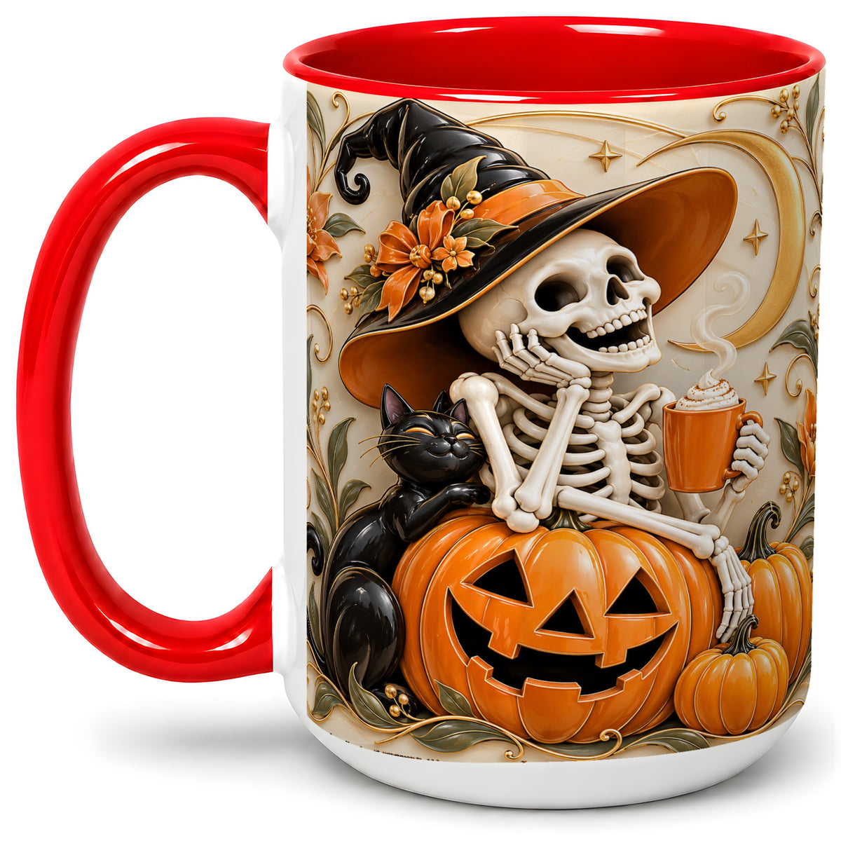 #pl[15oz|Red] Halloween Witch Skeleton Ceramic Mug, Black Cat Pumpkin Art