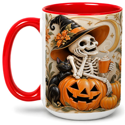 #pl[15oz|Red] Halloween Witch Skeleton Ceramic Mug, Black Cat Pumpkin Art