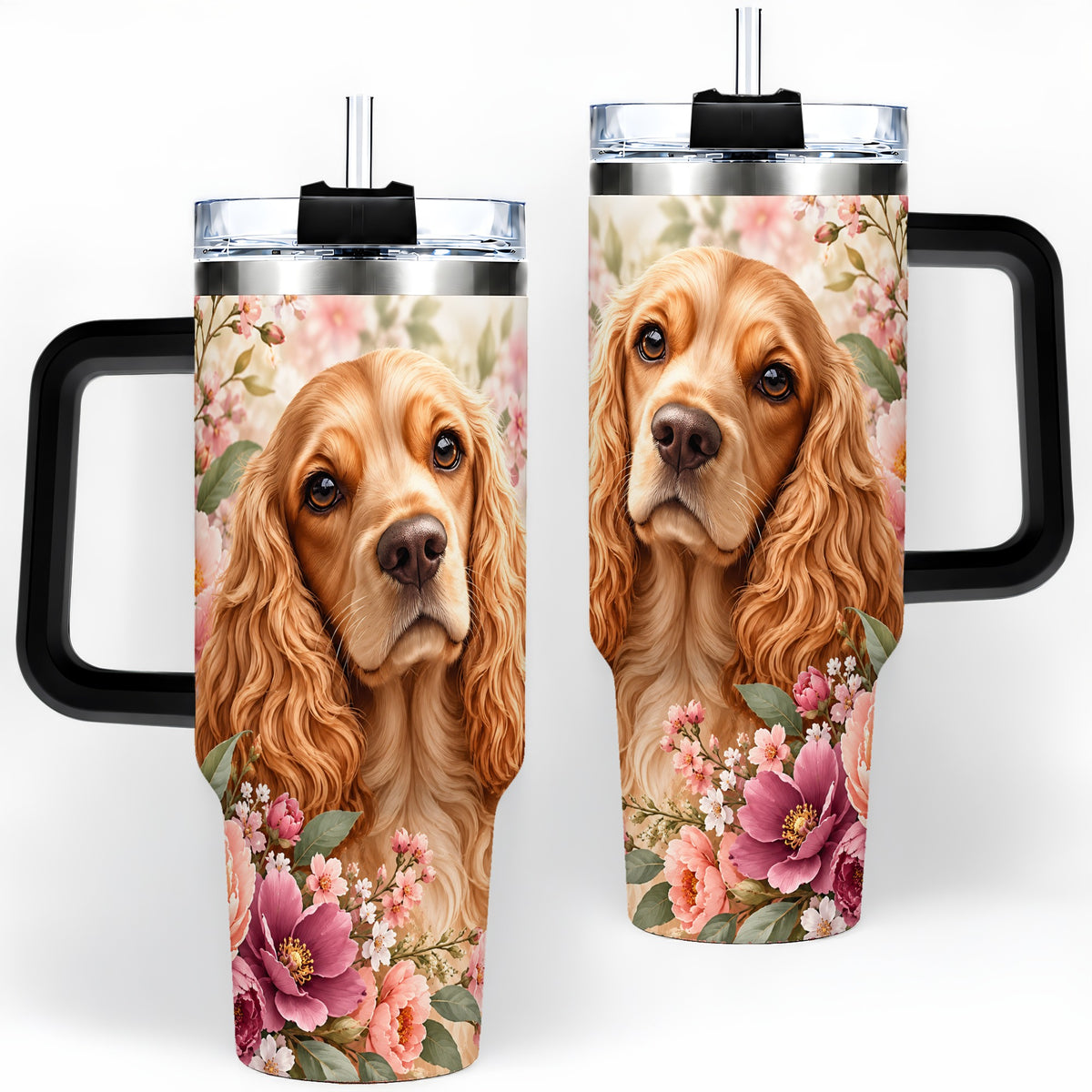 #pl[40oz|Black] Floral Spaniel Dog 40oz Tumbler, Botanical Pet Artwork
