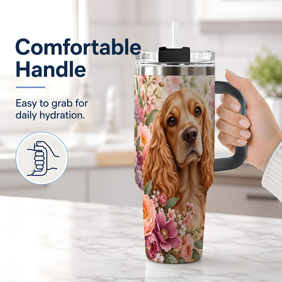 #pl[40oz|Black] Floral Spaniel Dog 40oz Tumbler, Botanical Pet Artwork