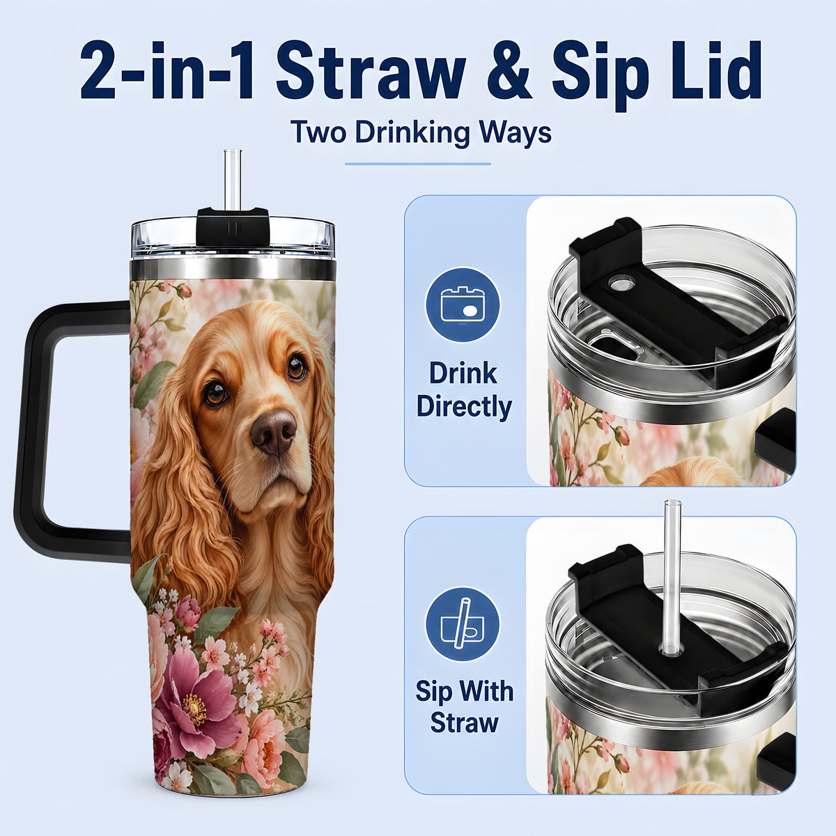 #pl[40oz|Black] Floral Spaniel Dog 40oz Tumbler, Botanical Pet Artwork