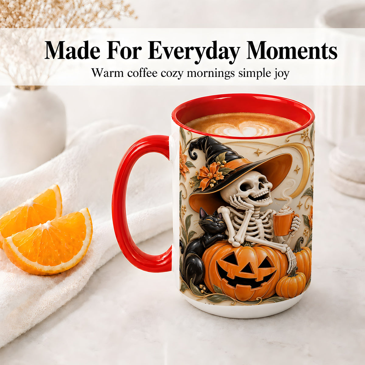 #pl[15oz|Red] Halloween Witch Skeleton Ceramic Mug, Black Cat Pumpkin Art