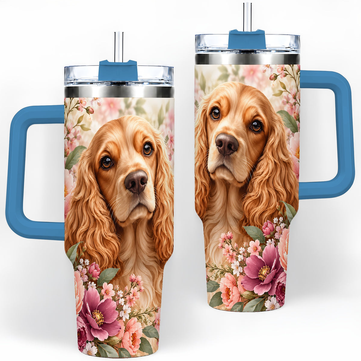 #pl[40oz|Blue] Floral Spaniel Dog 40oz Tumbler, Botanical Pet Artwork