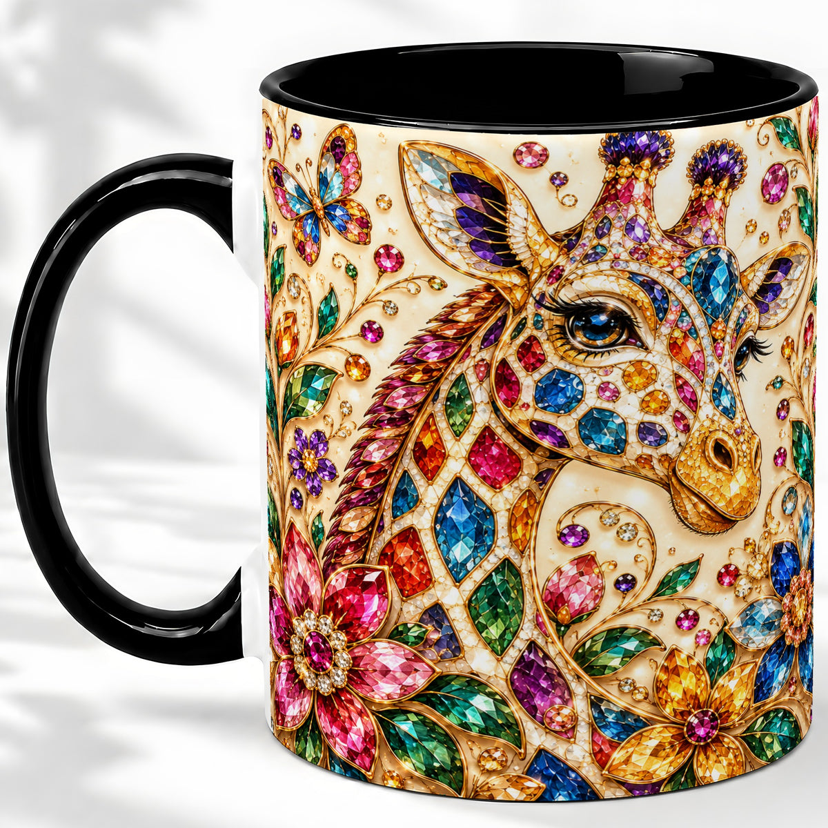 #pl[11oz|Black] Gem Style Giraffe Floral Ceramic Mug, Colorful Botanical Art