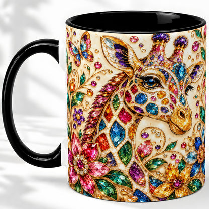#pl[11oz|Black] Gem Style Giraffe Floral Ceramic Mug, Colorful Botanical Art