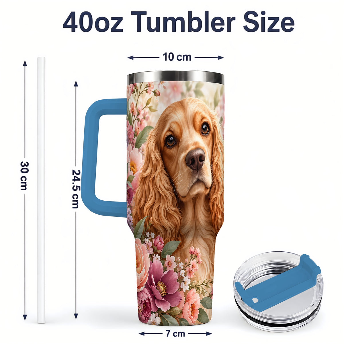 #pl[40oz|Blue] Floral Spaniel Dog 40oz Tumbler, Botanical Pet Artwork