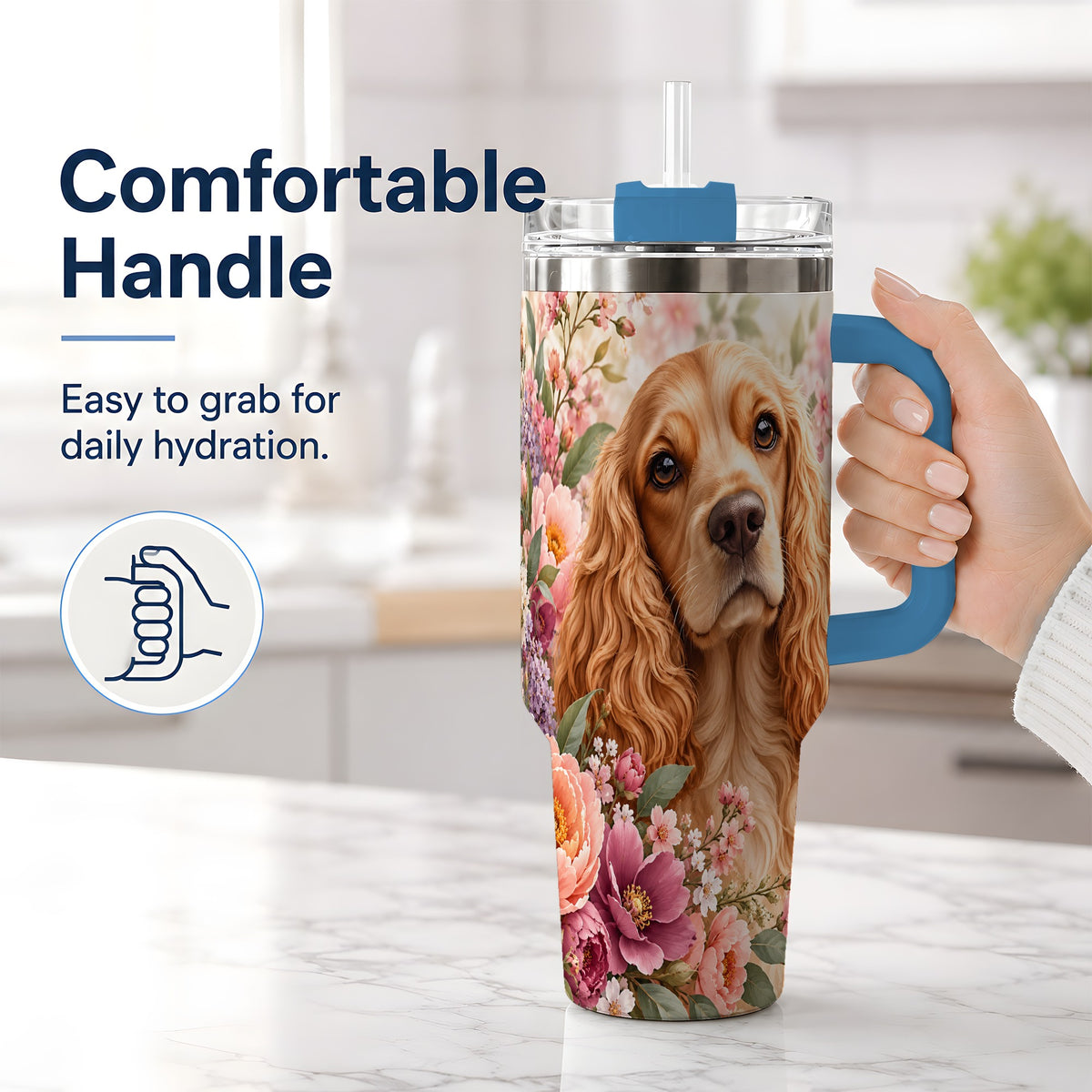 #pl[40oz|Blue] Floral Spaniel Dog 40oz Tumbler, Botanical Pet Artwork