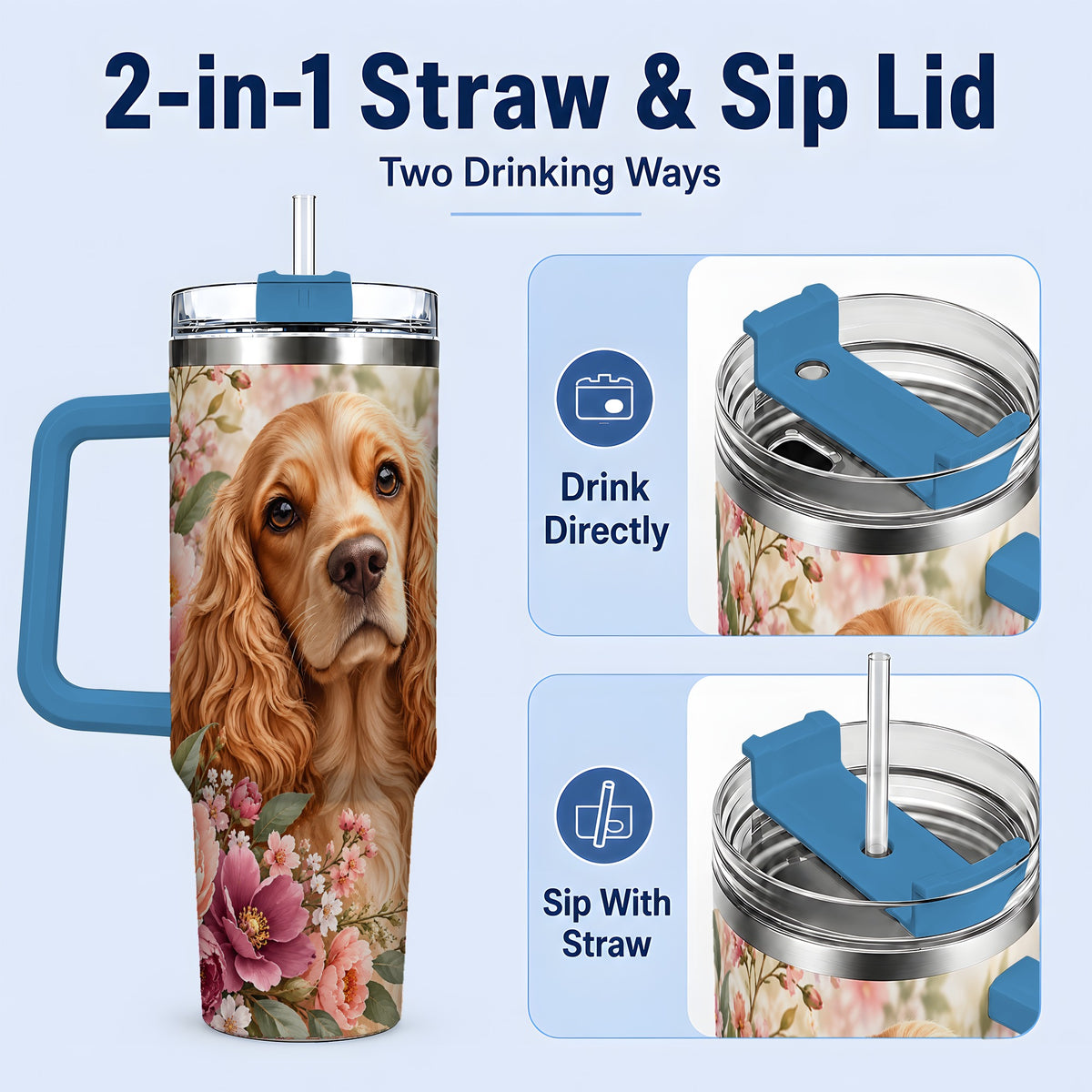 #pl[40oz|Blue] Floral Spaniel Dog 40oz Tumbler, Botanical Pet Artwork