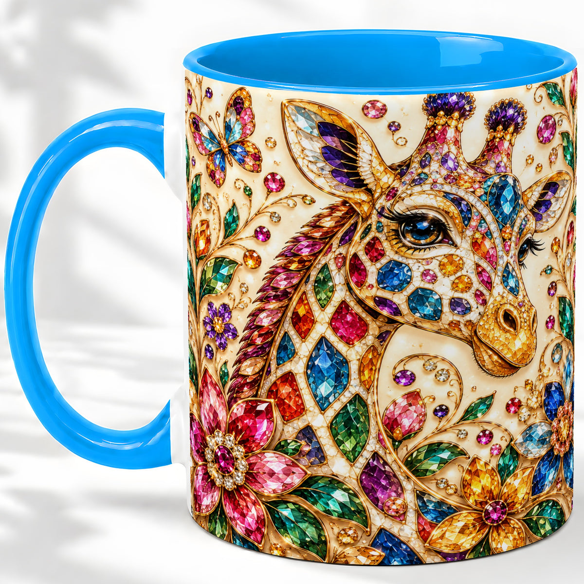 #pl[11oz|Blue] Gem Style Giraffe Floral Ceramic Mug, Colorful Botanical Art