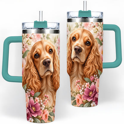 #pl[40oz|Green] Floral Spaniel Dog 40oz Tumbler, Botanical Pet Artwork