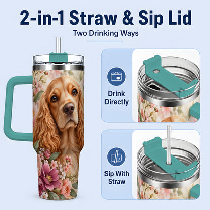 #pl[40oz|Green] Floral Spaniel Dog 40oz Tumbler, Botanical Pet Artwork