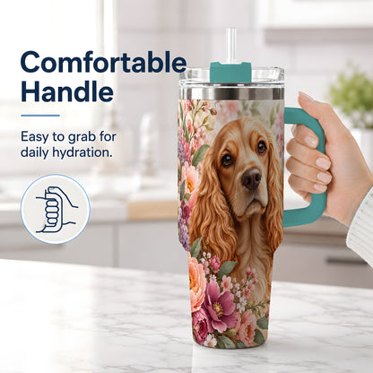 #pl[40oz|Green] Floral Spaniel Dog 40oz Tumbler, Botanical Pet Artwork