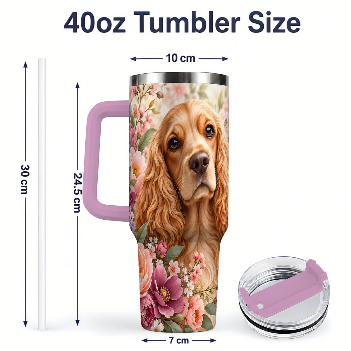 #pl[40oz|Pink] Floral Spaniel Dog 40oz Tumbler, Botanical Pet Artwork
