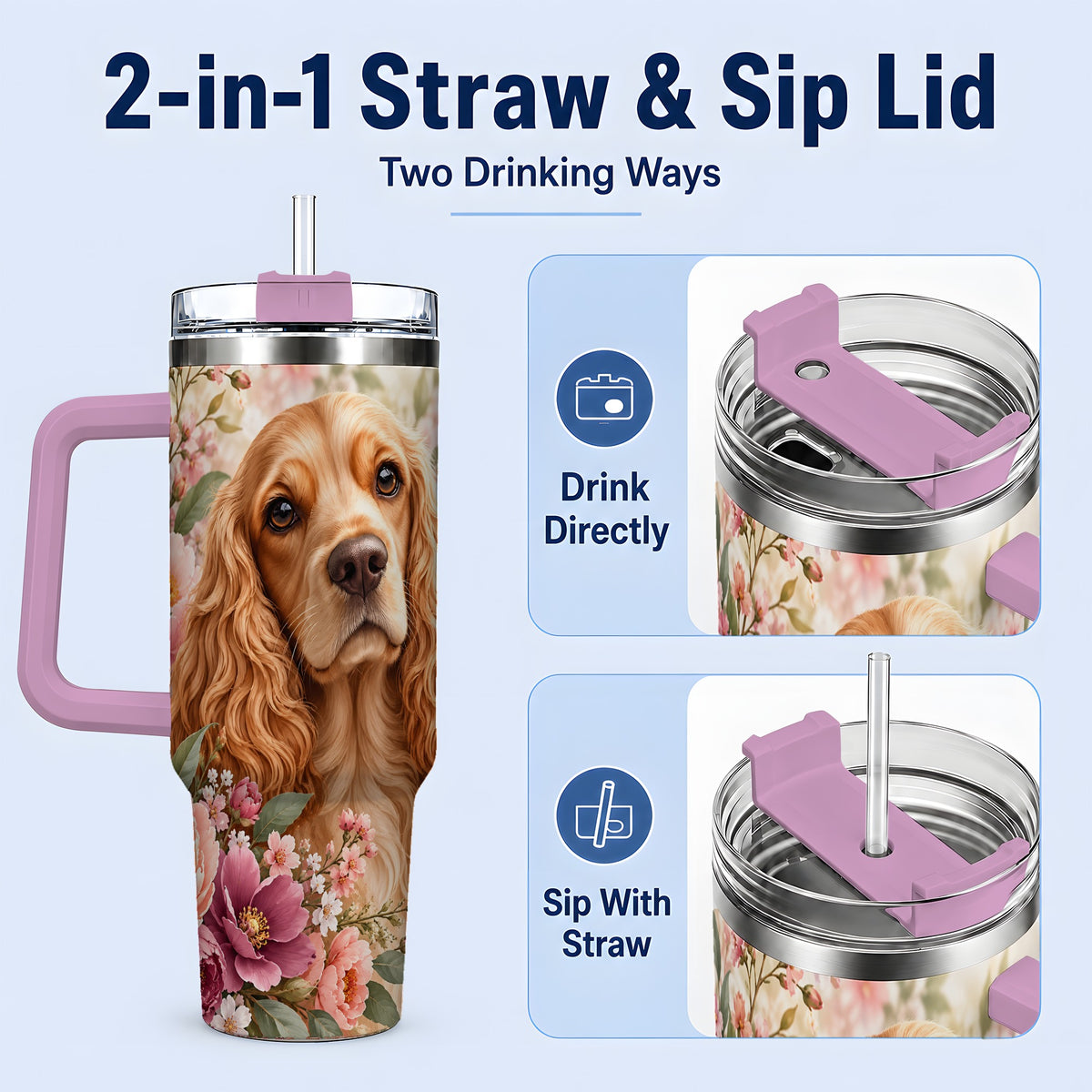 #pl[40oz|Pink] Floral Spaniel Dog 40oz Tumbler, Botanical Pet Artwork