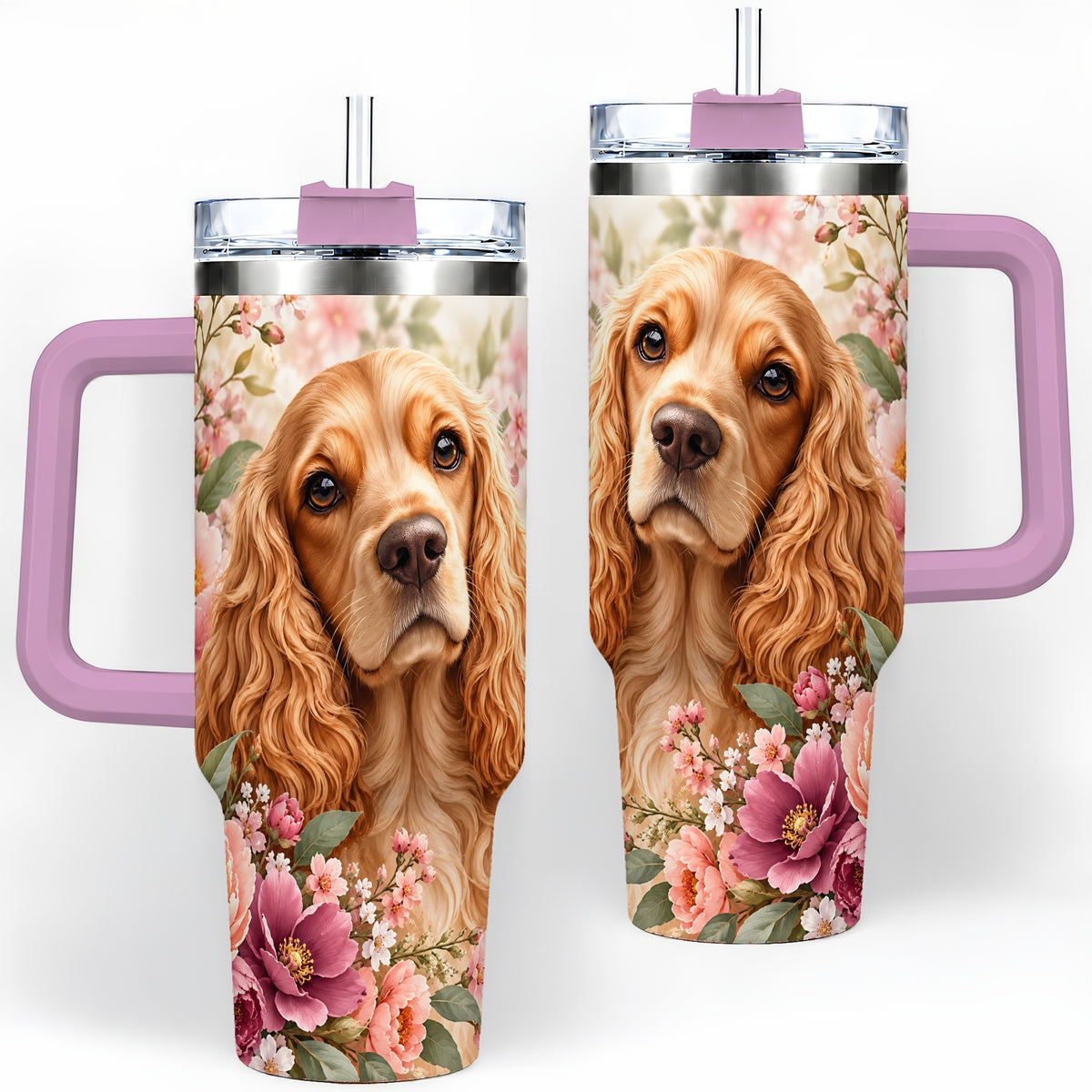#pl[40oz|Pink] Floral Spaniel Dog 40oz Tumbler, Botanical Pet Artwork