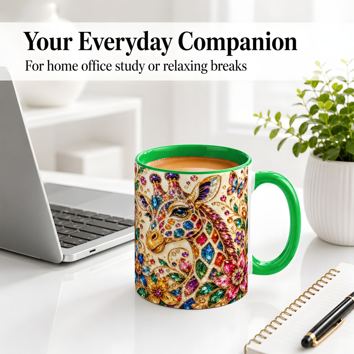 #pl[11oz|Green] Gem Style Giraffe Floral Ceramic Mug, Colorful Botanical Art