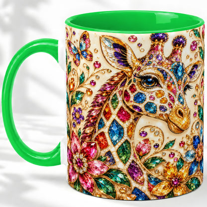 #pl[11oz|Green] Gem Style Giraffe Floral Ceramic Mug, Colorful Botanical Art