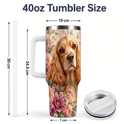 #pl[40oz|White] Floral Spaniel Dog 40oz Tumbler, Botanical Pet Artwork