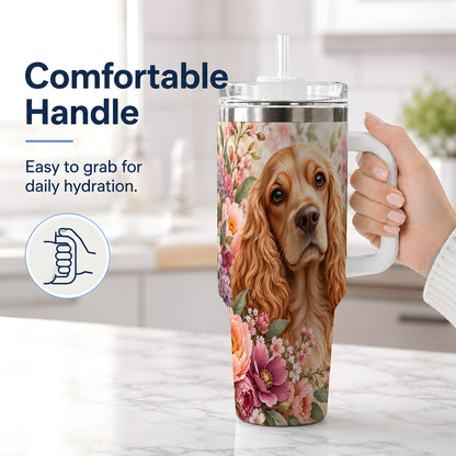 #pl[40oz|White] Floral Spaniel Dog 40oz Tumbler, Botanical Pet Artwork