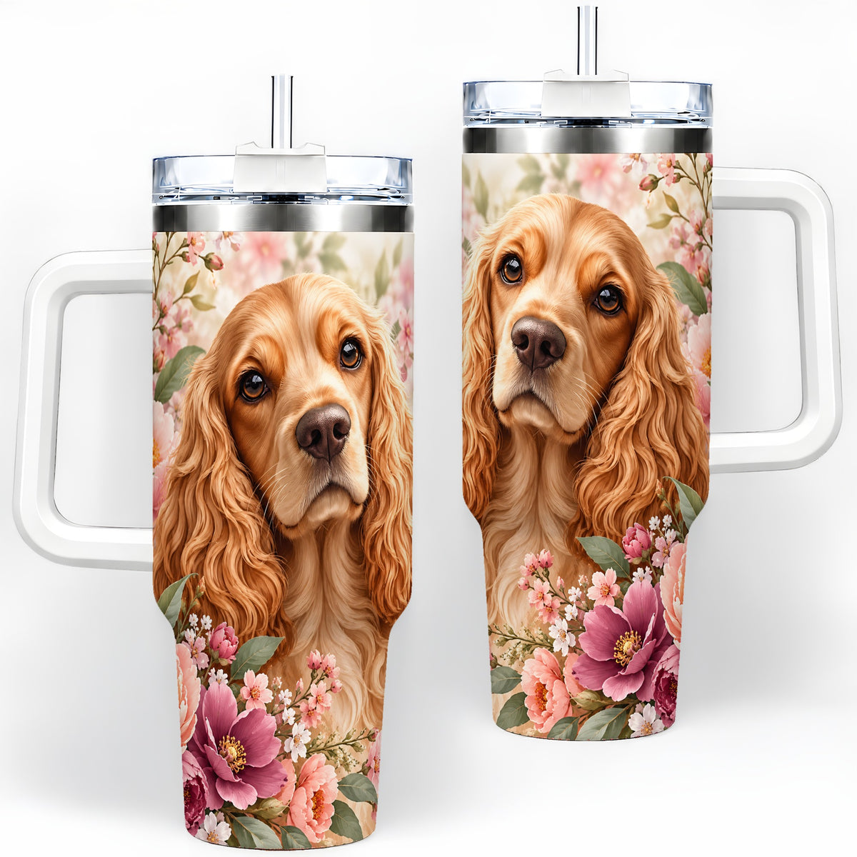 Floral Spaniel Dog 40oz Tumbler, Botanical Pet Artwork