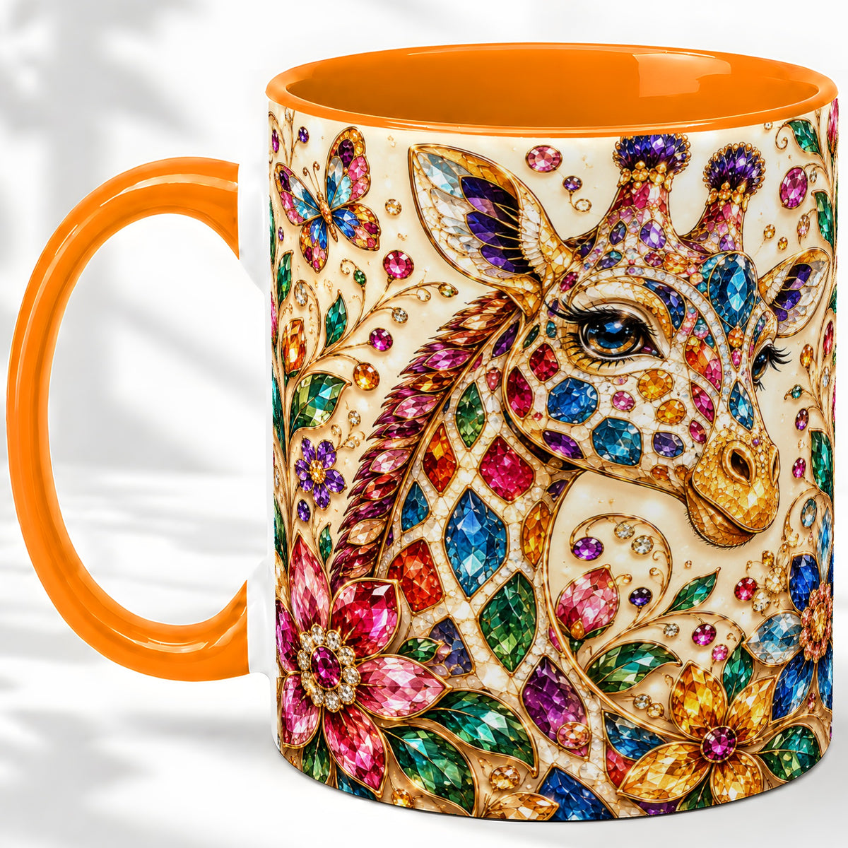 #pl[11oz|Orange] Gem Style Giraffe Floral Ceramic Mug, Colorful Botanical Art