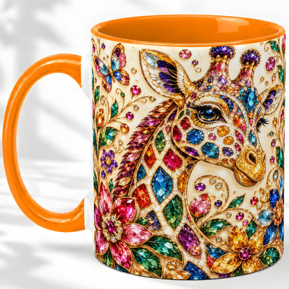 #pl[11oz|Orange] Gem Style Giraffe Floral Ceramic Mug, Colorful Botanical Art