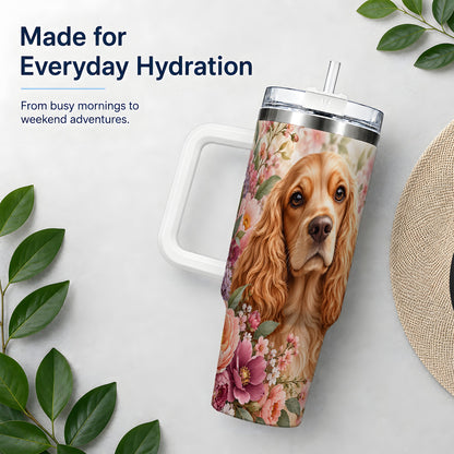 Floral Spaniel Dog 40oz Tumbler, Botanical Pet Artwork