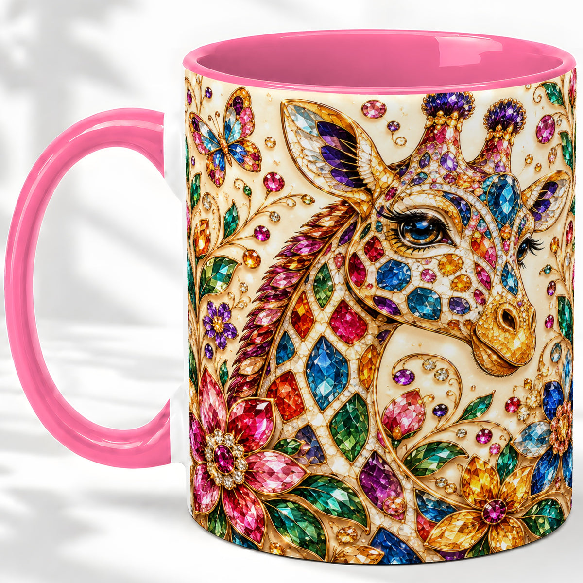 #pl[11oz|Pink] Gem Style Giraffe Floral Ceramic Mug, Colorful Botanical Art
