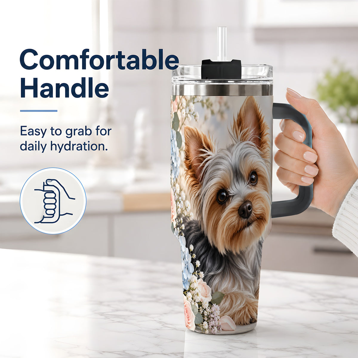 #pl[40oz|Black] Yorkshire Terrier Floral 40oz Tumbler, Botanical Dog Artwork