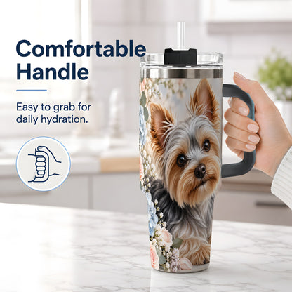 #pl[40oz|Black] Yorkshire Terrier Floral 40oz Tumbler, Botanical Dog Artwork