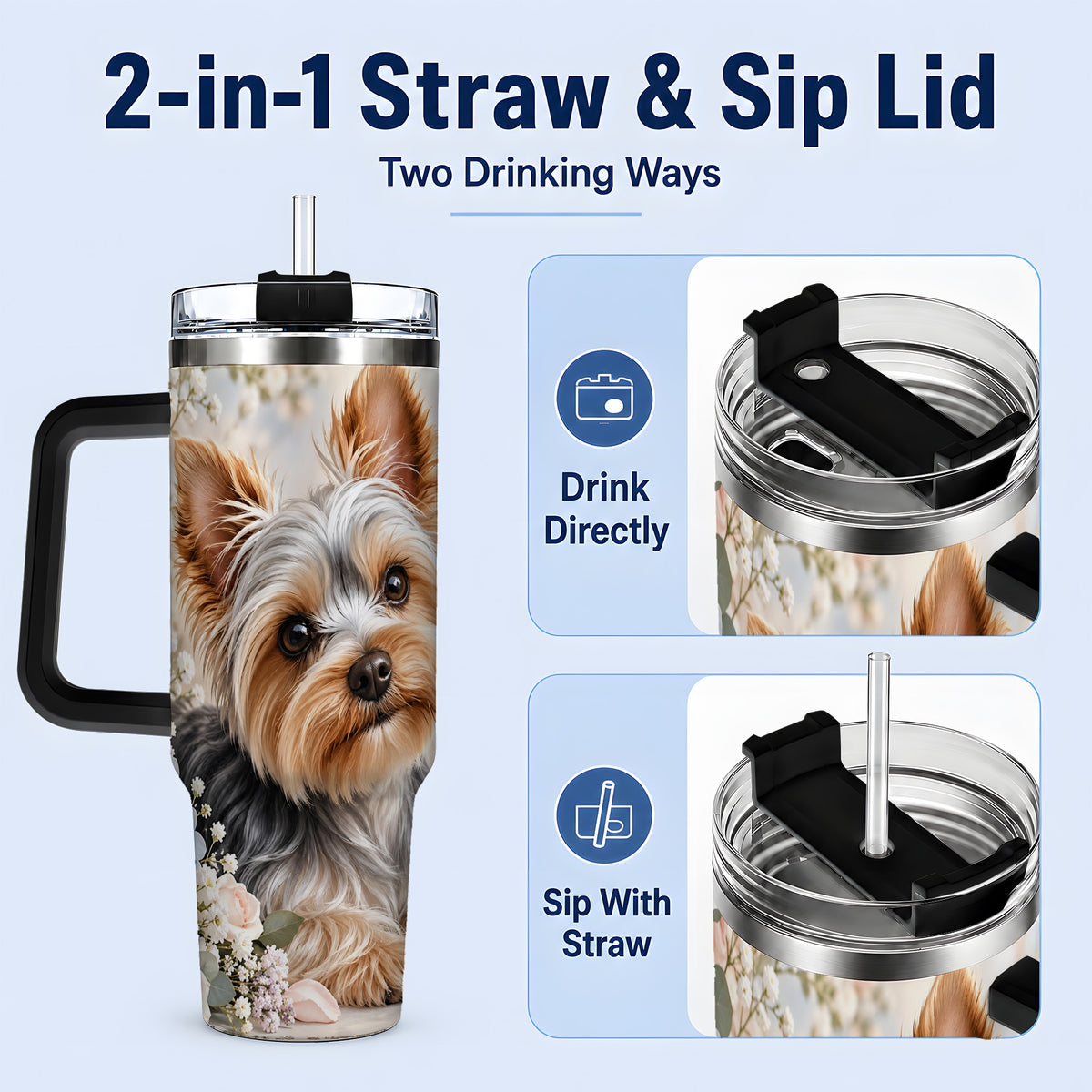 #pl[40oz|Black] Yorkshire Terrier Floral 40oz Tumbler, Botanical Dog Artwork