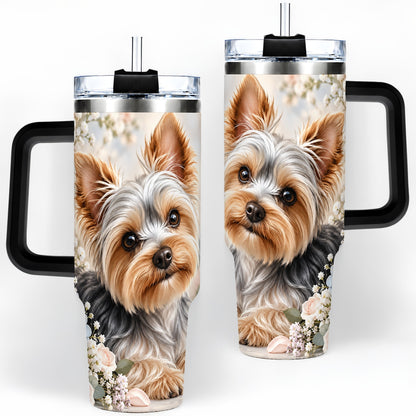 #pl[40oz|Black] Yorkshire Terrier Floral 40oz Tumbler, Botanical Dog Artwork