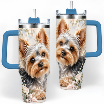 #pl[40oz|Blue] Yorkshire Terrier Floral 40oz Tumbler, Botanical Dog Artwork