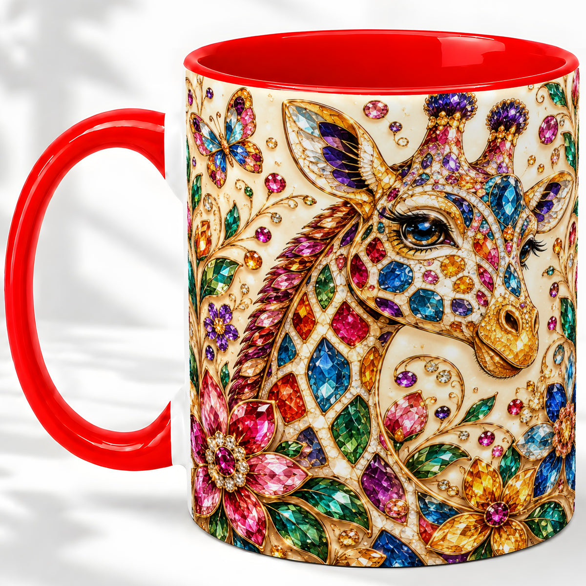 Gem Style Giraffe Floral Ceramic Mug, Colorful Botanical Art