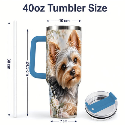 #pl[40oz|Blue] Yorkshire Terrier Floral 40oz Tumbler, Botanical Dog Artwork