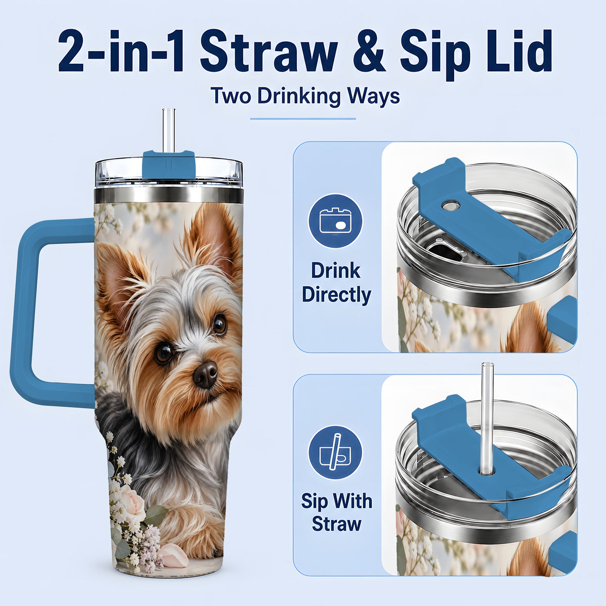 #pl[40oz|Blue] Yorkshire Terrier Floral 40oz Tumbler, Botanical Dog Artwork