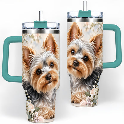 #pl[40oz|Green] Yorkshire Terrier Floral 40oz Tumbler, Botanical Dog Artwork
