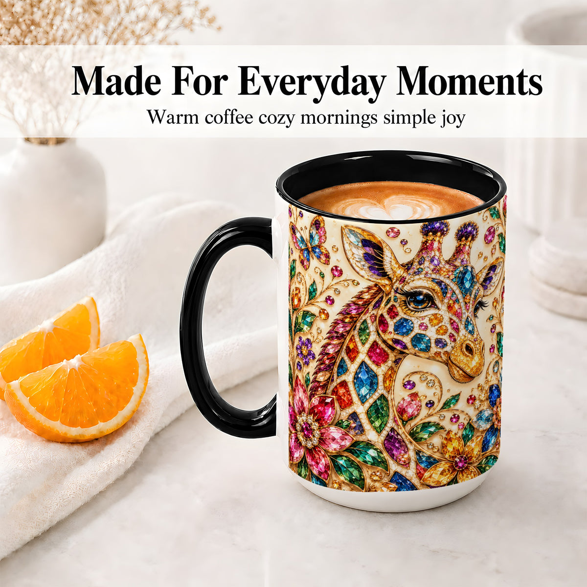 #pl[15oz|Black] Gem Style Giraffe Floral Ceramic Mug, Colorful Botanical Art