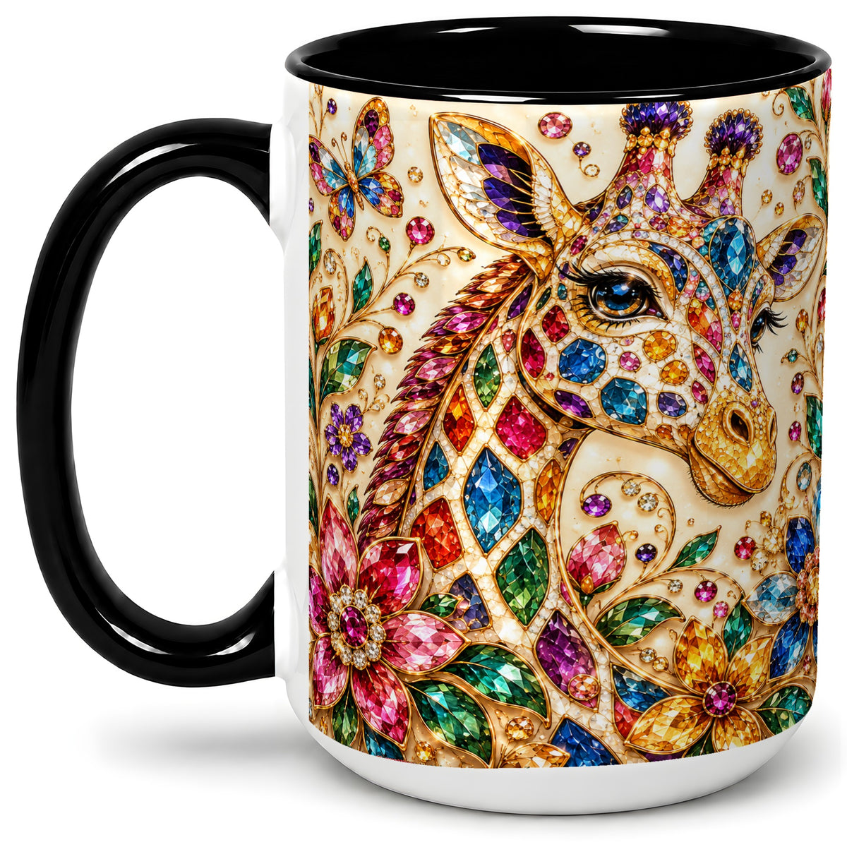 #pl[15oz|Black] Gem Style Giraffe Floral Ceramic Mug, Colorful Botanical Art