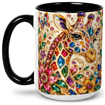 #pl[15oz|Black] Gem Style Giraffe Floral Ceramic Mug, Colorful Botanical Art