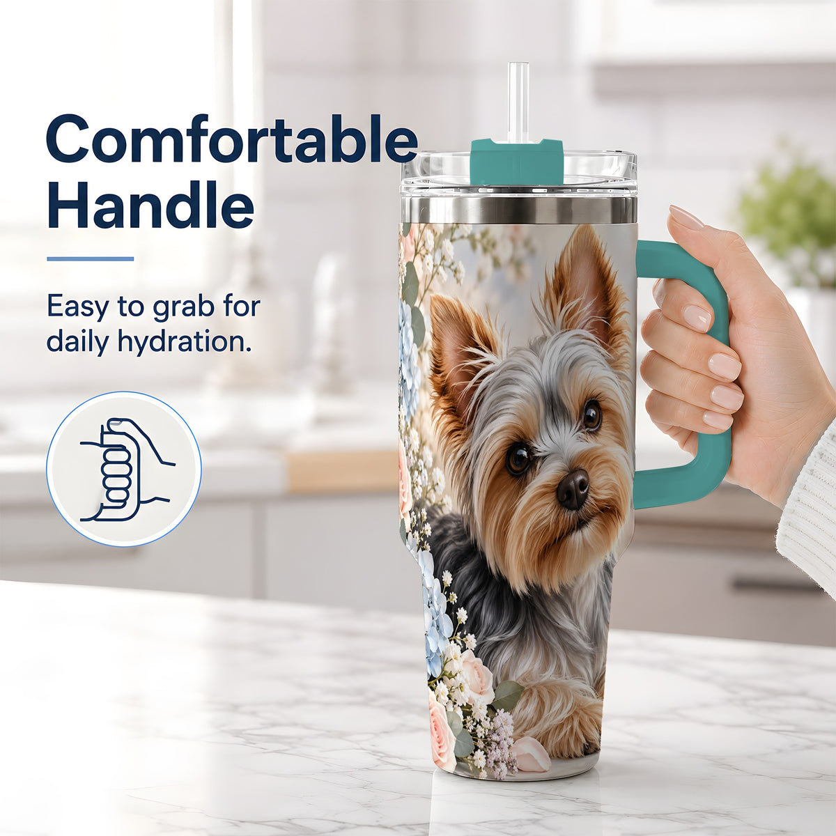 #pl[40oz|Green] Yorkshire Terrier Floral 40oz Tumbler, Botanical Dog Artwork