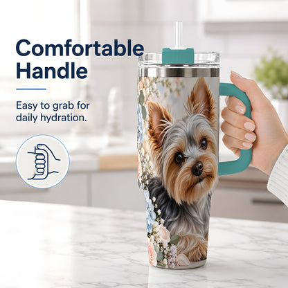 #pl[40oz|Green] Yorkshire Terrier Floral 40oz Tumbler, Botanical Dog Artwork