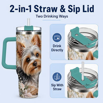 #pl[40oz|Green] Yorkshire Terrier Floral 40oz Tumbler, Botanical Dog Artwork