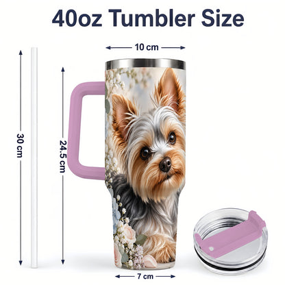 #pl[40oz|Pink] Yorkshire Terrier Floral 40oz Tumbler, Botanical Dog Artwork