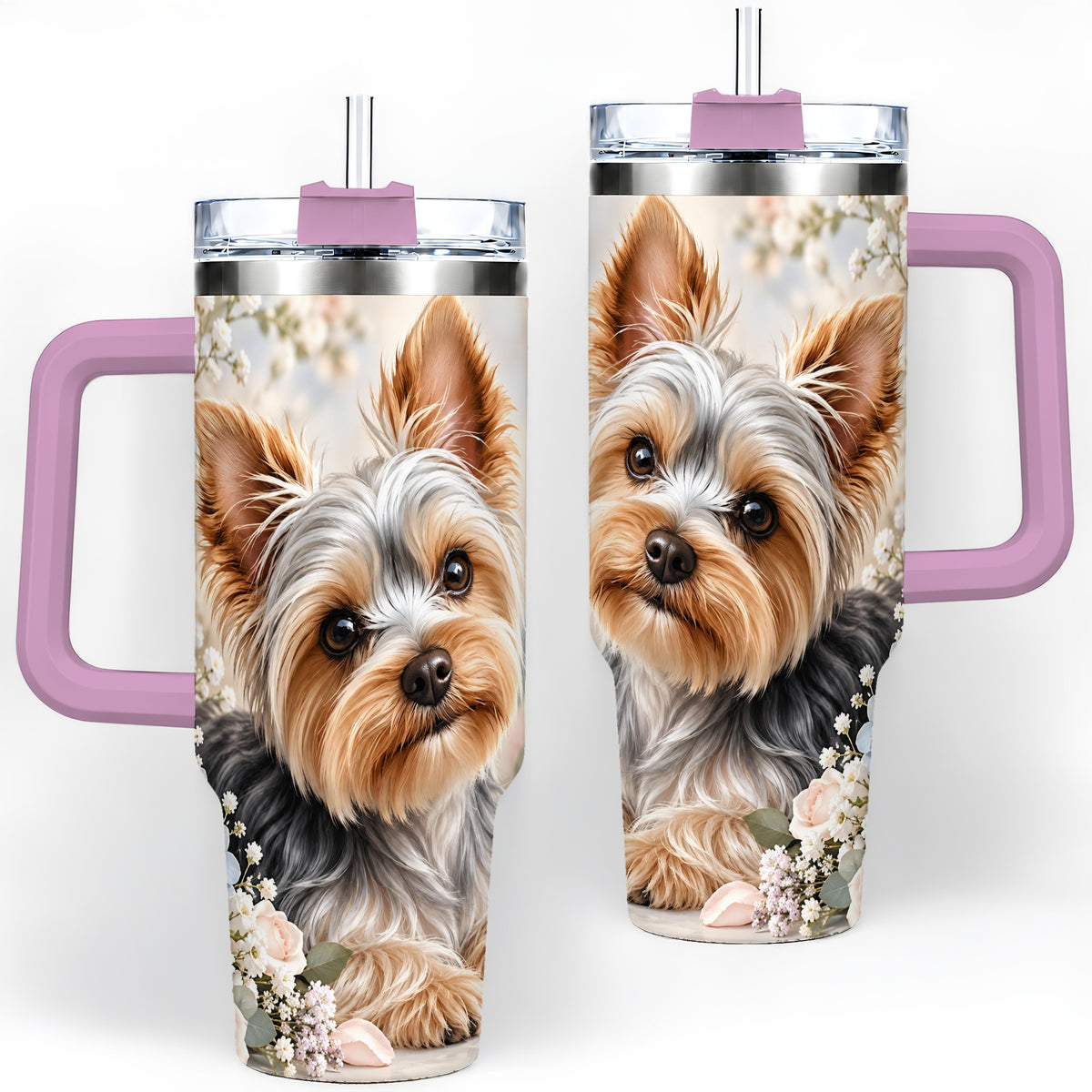 #pl[40oz|Pink] Yorkshire Terrier Floral 40oz Tumbler, Botanical Dog Artwork