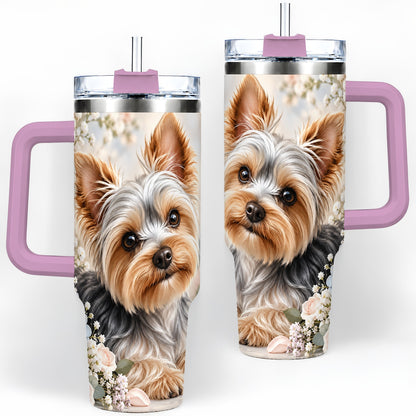 #pl[40oz|Pink] Yorkshire Terrier Floral 40oz Tumbler, Botanical Dog Artwork