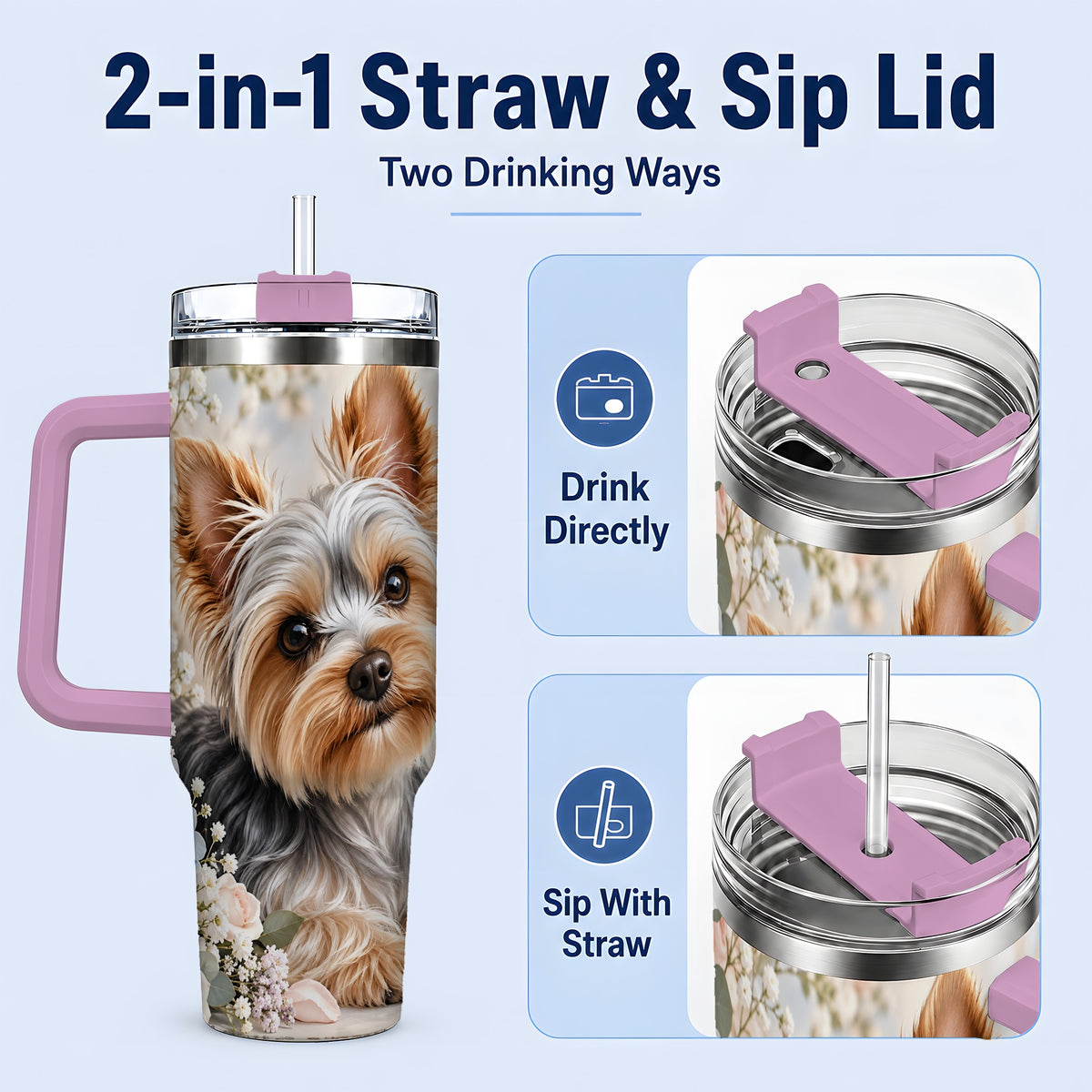 #pl[40oz|Pink] Yorkshire Terrier Floral 40oz Tumbler, Botanical Dog Artwork