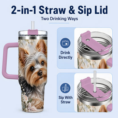 #pl[40oz|Pink] Yorkshire Terrier Floral 40oz Tumbler, Botanical Dog Artwork