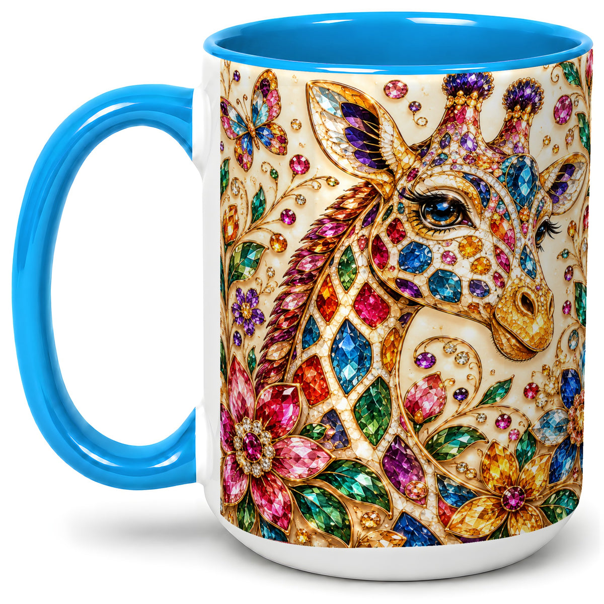 #pl[15oz|Blue] Gem Style Giraffe Floral Ceramic Mug, Colorful Botanical Art
