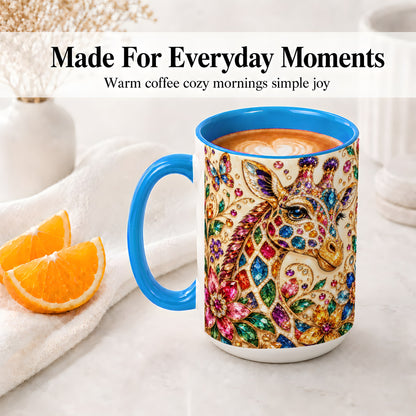 #pl[15oz|Blue] Gem Style Giraffe Floral Ceramic Mug, Colorful Botanical Art